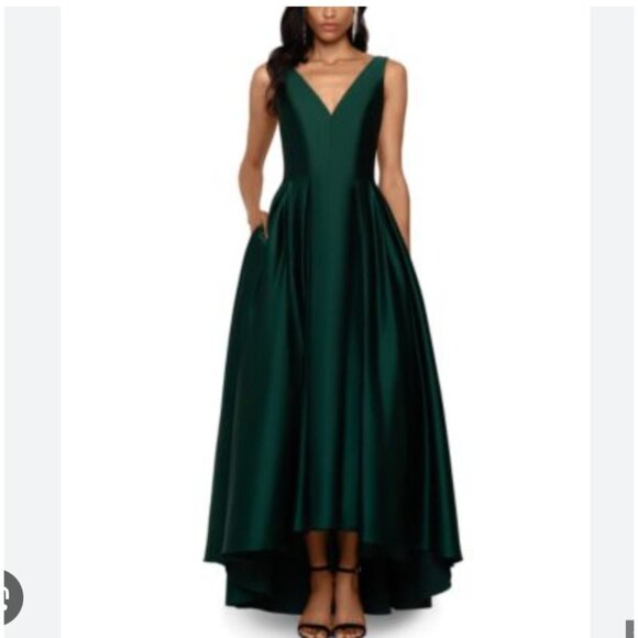 Betsy & Adam Dress Womens 6 Green Satin V Neck Sleeveless High Low Gown Pockets - Picture 1 of 5